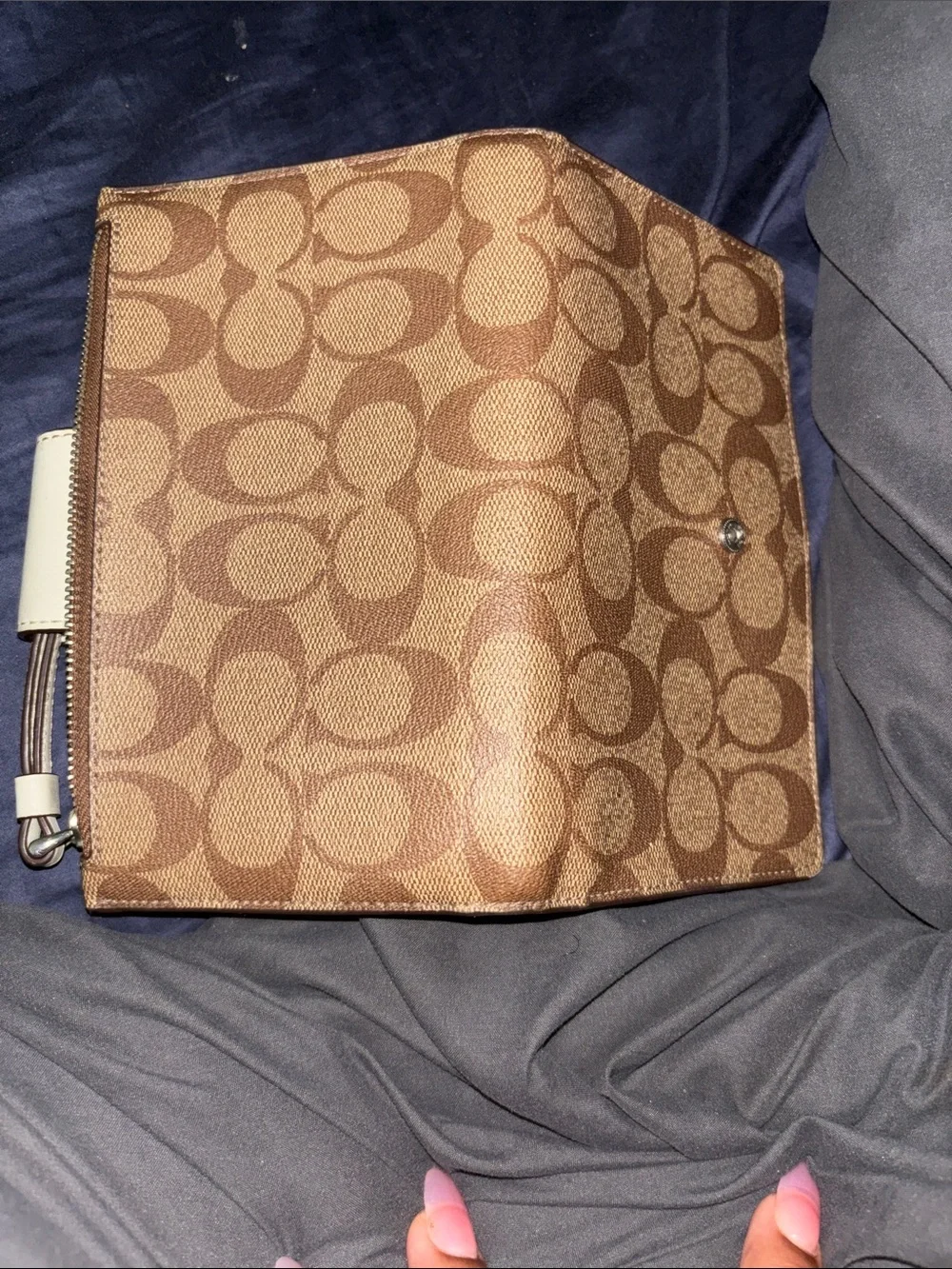 Coach Brown Signature Canvas Wristlet with Cream Snap Tab